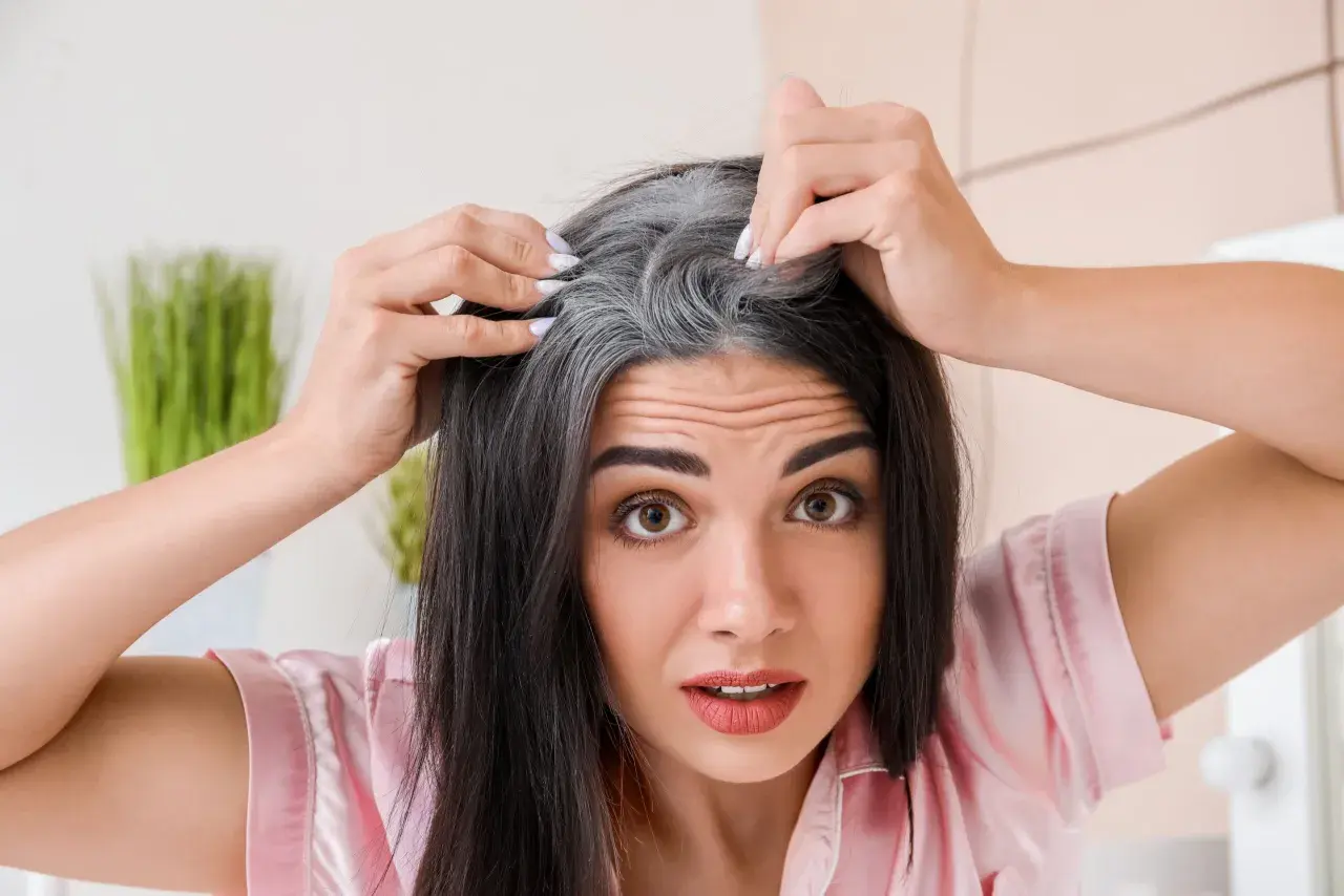 Mujer preocupada por sus canas, buscando una solución natural con mechas sin amoniaco.