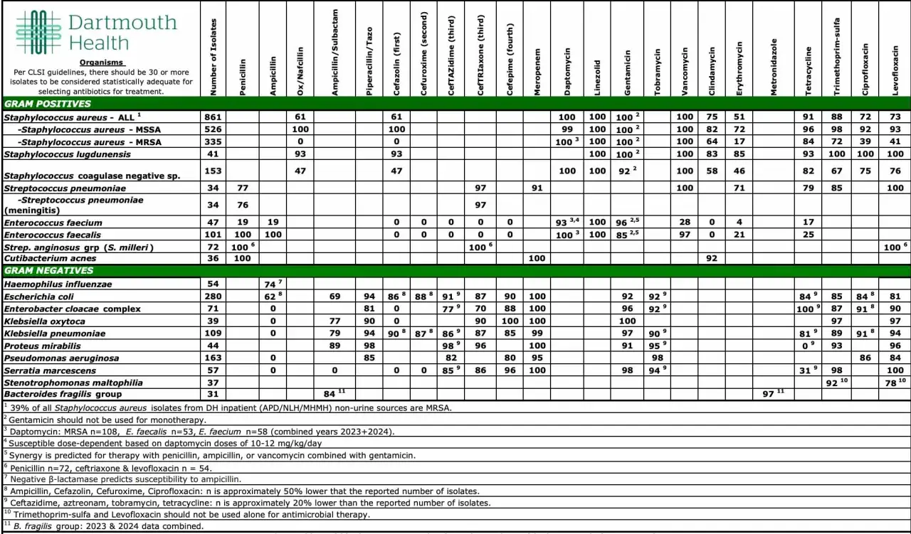 Tabela z danymi o wrażliwości bakterii na antybiotyki, w tym na **syntarpen** (nieobecny w tabeli, ale sugerujący potrzebę analizy lekooporności).
