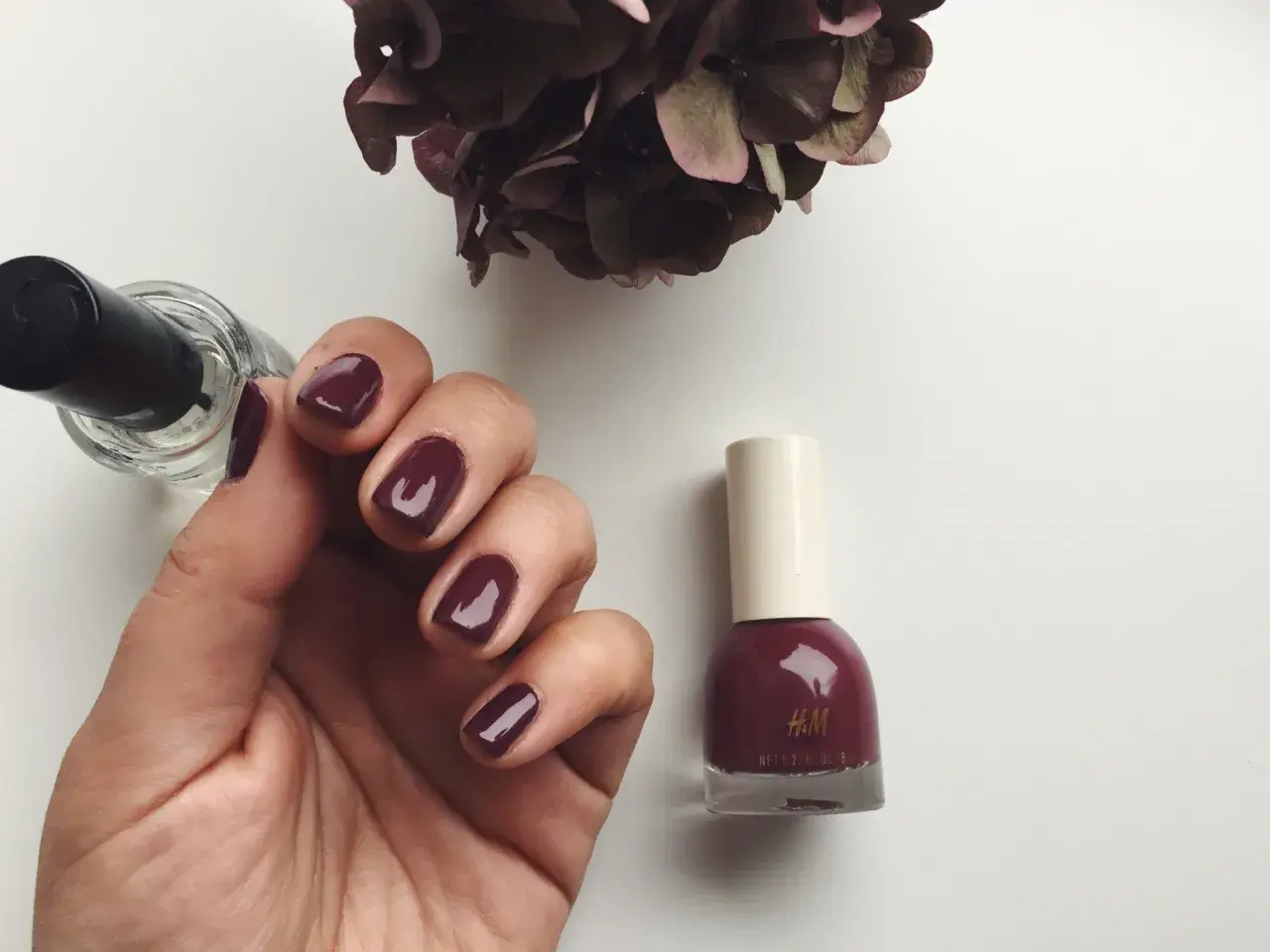 En hand med mörkröda naglar, bredvid en flaska H&M nagellack i samma färg. En torkad blomma i bakgrunden.