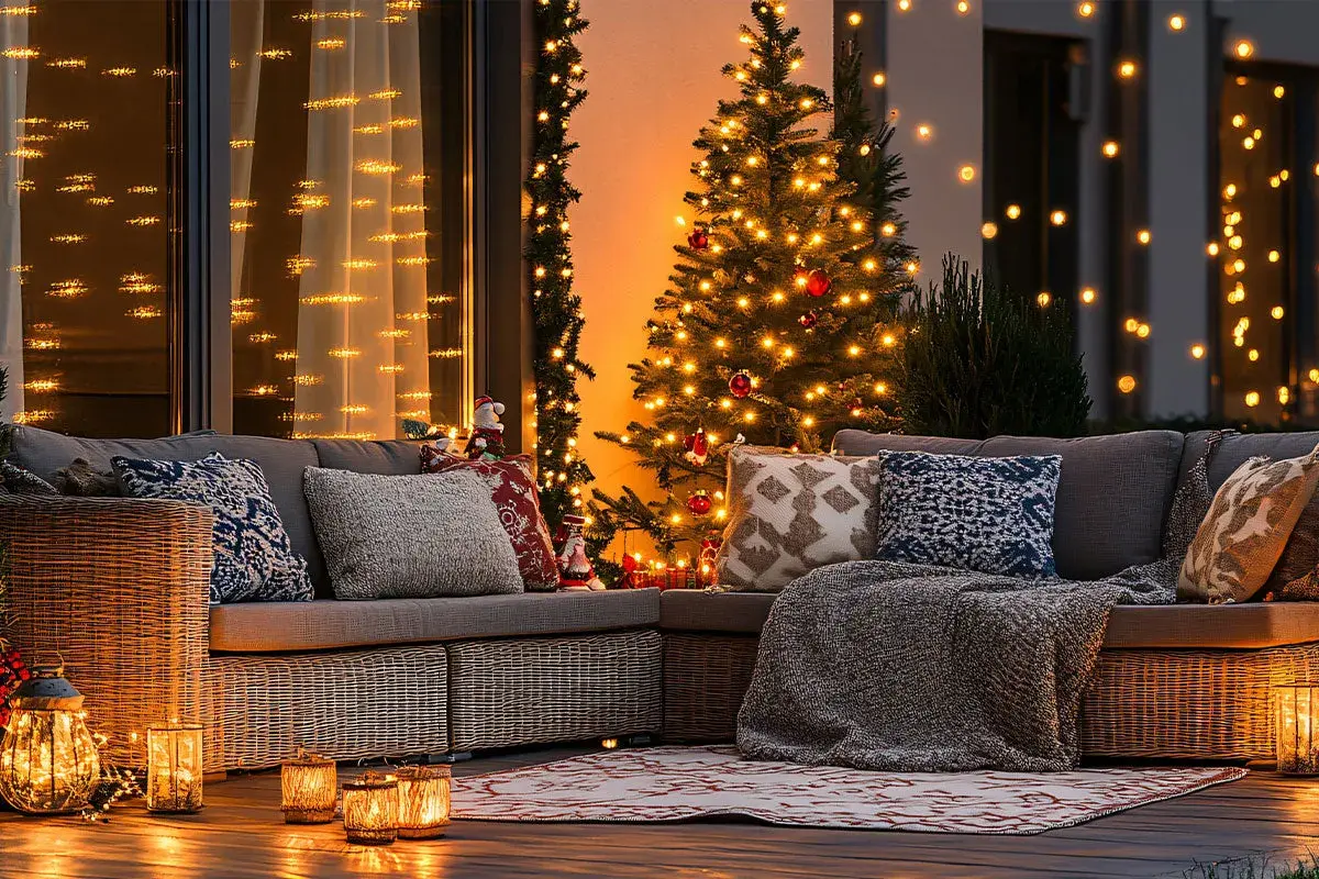 Un angolo accogliente per scoprire come addobbare fuori casa per Natale: divano, albero illuminato, lanterne e luci soffuse creano un'atmosfera magica.