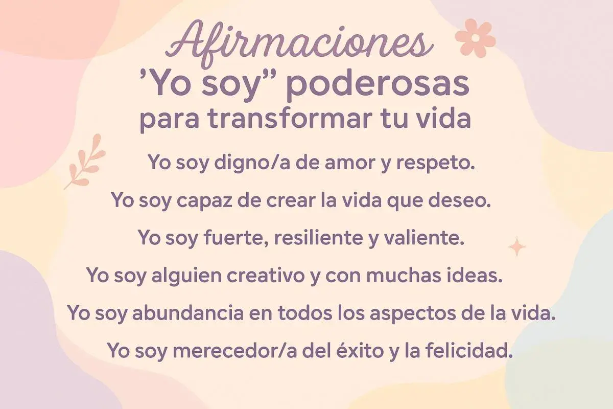Afirmaciones 'Yo soy' para transformar tu vida: digno/a, capaz, fuerte, creativo/a, abundancia, merecedor/a.