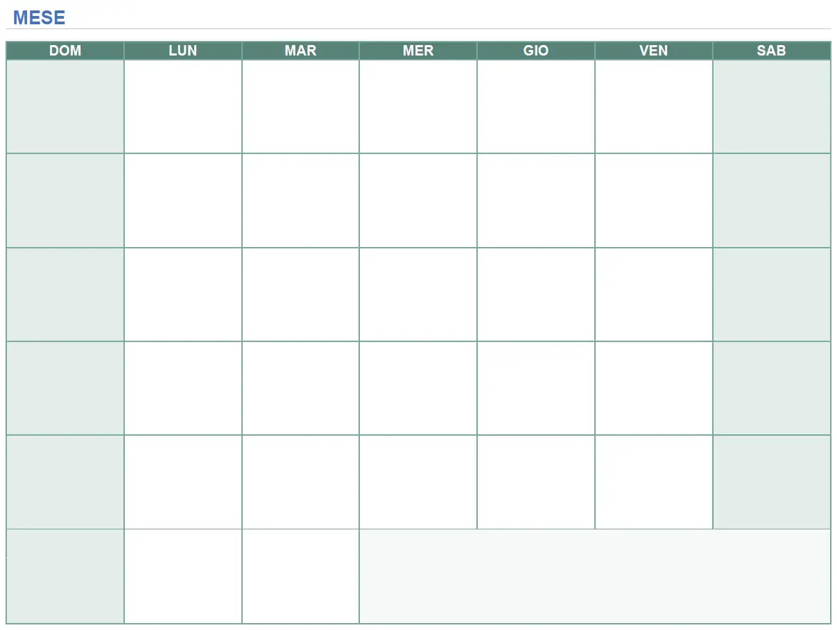 Calendario vuoto con giorni della settimana (Dom, Lun, Mar, Mer, Gio, Ven, Sab) e righe per le settimane. Ideale per pianificare il mese.