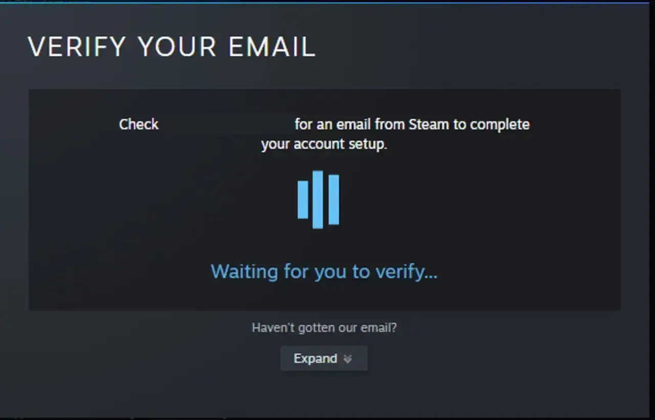 Ekran weryfikacji email Steam. Jeśli zapomniałeś jak zrestartować hasło na Steam, sprawdź swoją skrzynkę odbiorczą.