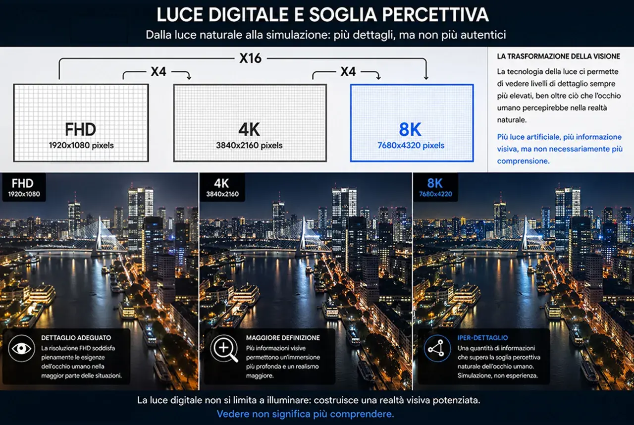 Confronto risoluzioni: FHD, 4K, 8K. L'8K offre dettagli che superano la soglia percettiva umana, come in un virtual cockpit avanzato.