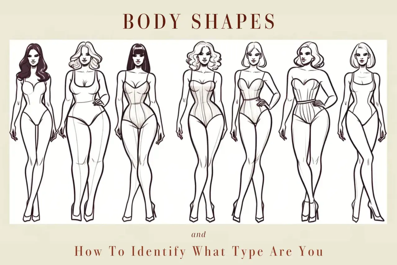 Illustrazione di sette figure femminili stilizzate che mostrano diversi tipi di fisico, con l'obiettivo di aiutare a identificare la propria forma corporea.