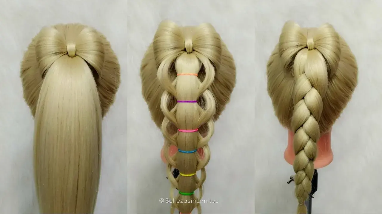 Peinados para niñas: tres estilos de trenzas con moño, trenza de burbujas y trenza clásica en cabello rubio.
