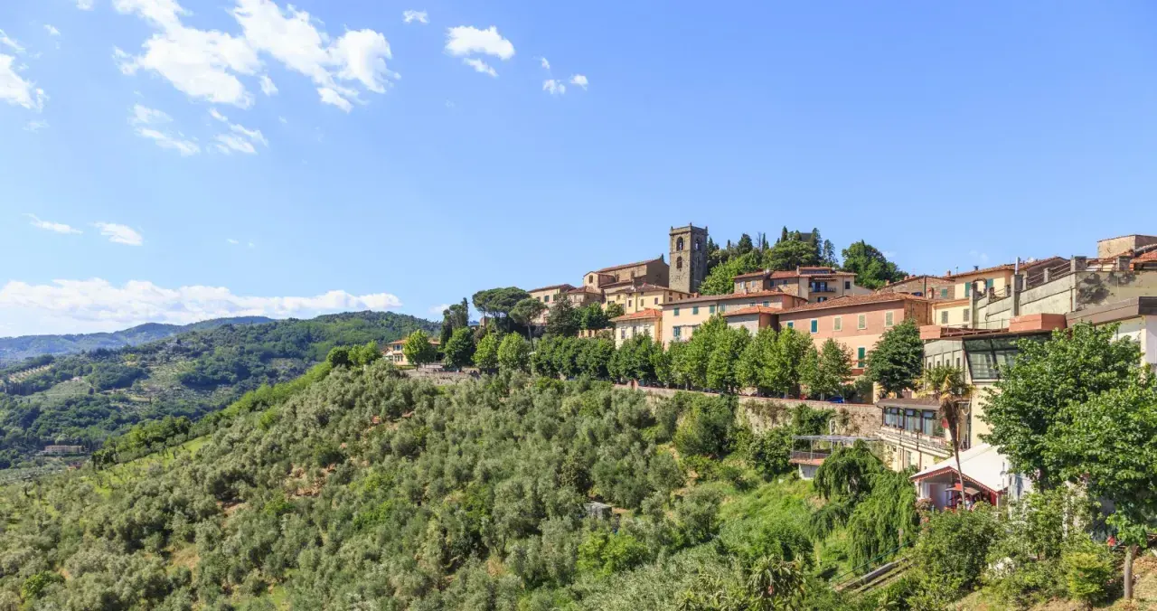 Panoramica di Montecatini Alto, un borgo toscano su una collina verdeggiante. Un luogo incantevole da esplorare, con case colorate e un campanile antico.