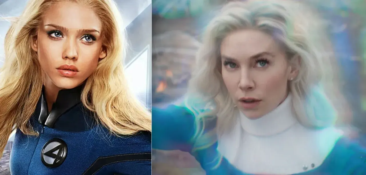 L'actrice 4 Fantastique, Sue Storm, en gros plan, avec son costume emblématique bleu et le logo "4".