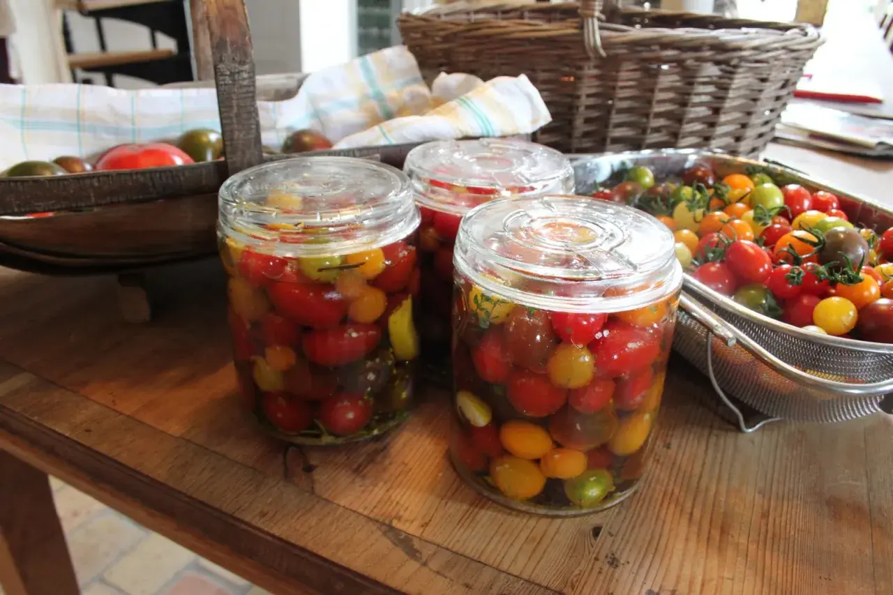 Burkar med inlagda tomater i olika färger. En korg med färska tomater syns i bakgrunden.