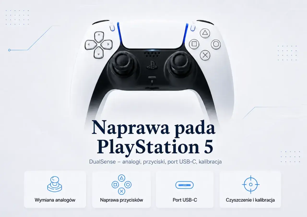 Naprawa pada PlayStation 5 DualSense: wymiana analogów, przycisków, portu USB-C, czyszczenie i kalibracja.