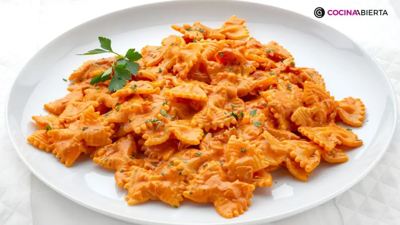 Un plato de pasta farfalle con una cremosa salsa de tomate y un toque de perejil. ¡Así es que es farfalle!