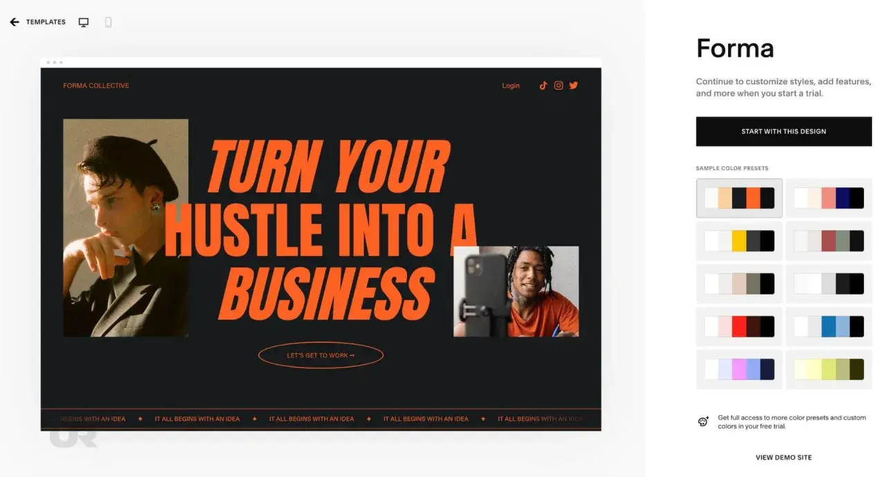 Forma Collective's website template, a great option for the best website for musicians, features bold text and modern imagery.