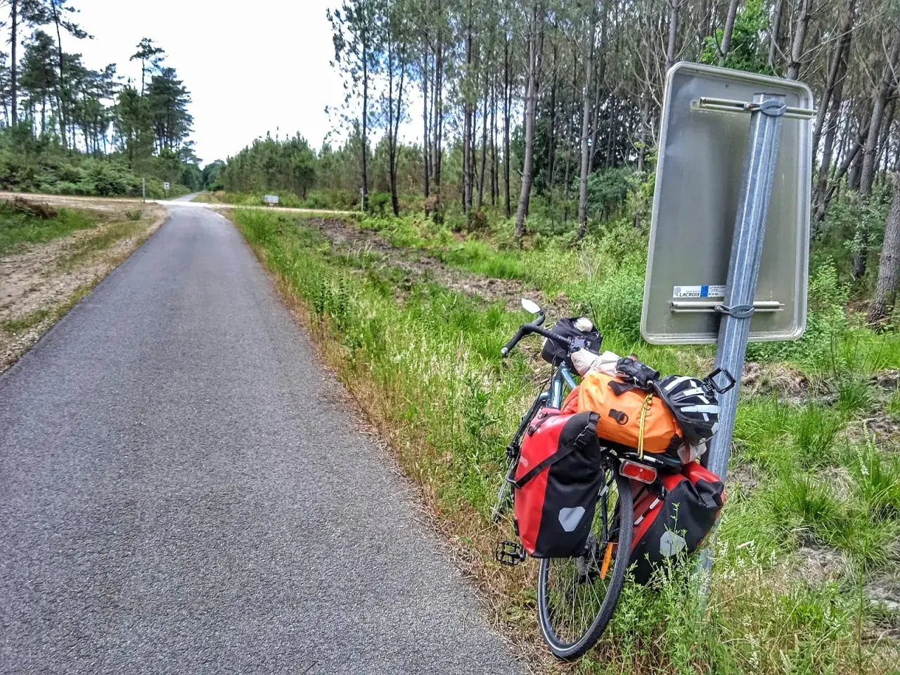 Bicicleta cargada lista para explorar las landas. El camino se abre paso entre pinos y vegetación exuberante.