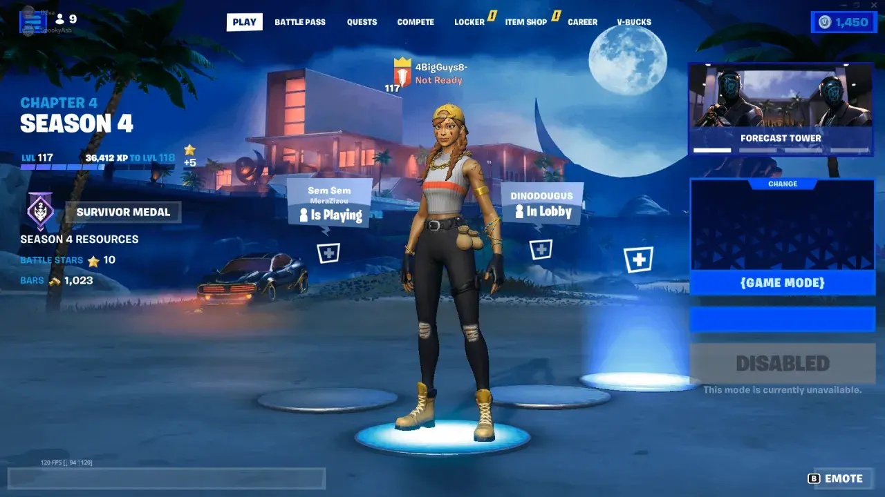 Postać z Fortnite w lobby, sezon 4. W tle nocna plaża i nowoczesny dom. Widoczne elementy interfejsu gry, w tym informacje o poziomie i zasobach. Czasem pojawia się **glitch Fortnite**.