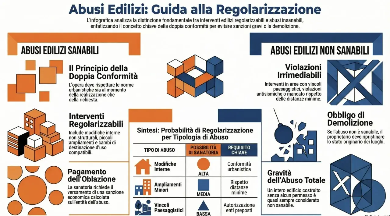 Infografica su abusi edilizi: distingue tra sanabili e non sanabili, evidenziando violazioni irrimediabili e l'obbligo di demolizione per **abusi edilizi non sanabili**.