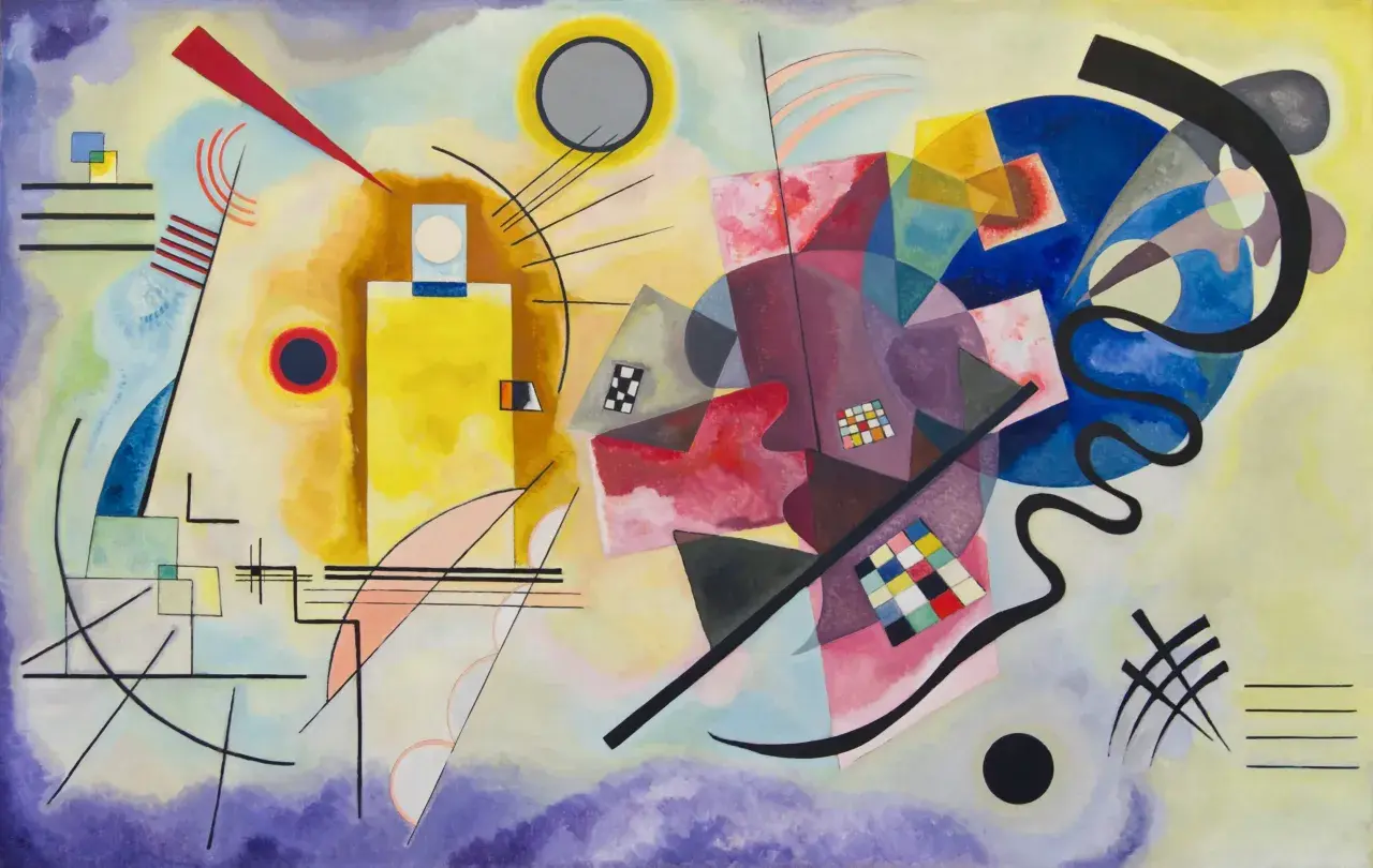 A vibrant abstract composition by 20th century abstract artists, featuring geometric shapes, bold lines, and a symphony of colors.