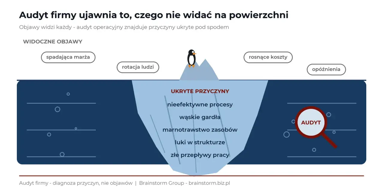 Audyt firmy ukazuje ukryte przyczyny problemów, takie jak nieefektywne procesy, marnotrawstwo zasobów i wąskie gardła, które wpływają na widoczne objawy.