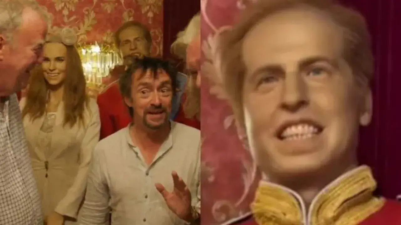 Wizyta w muzeum figur woskowych Kraków. Richard Hammond i Jeremy Clarkson podziwiają woskowe podobizny.