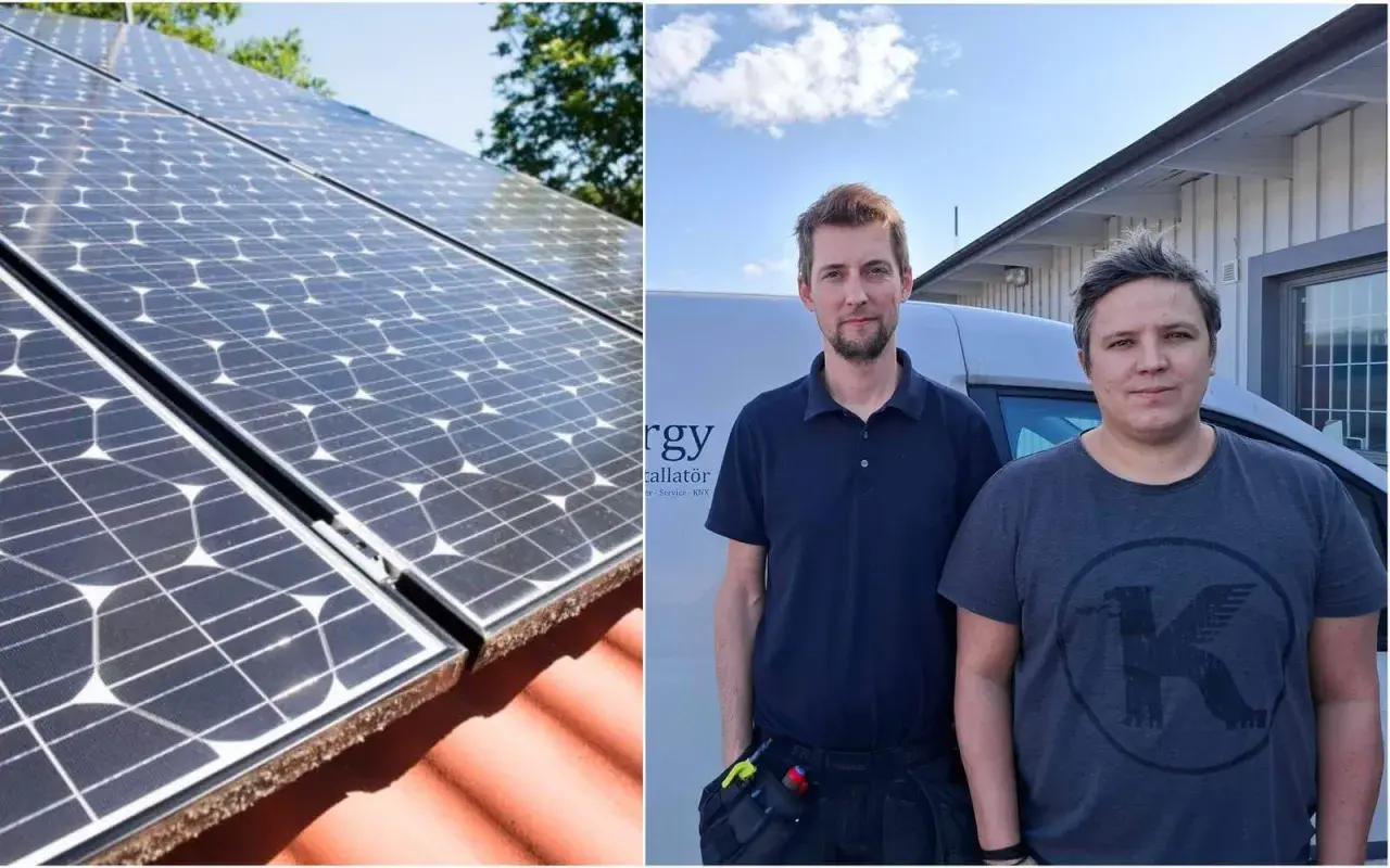 Två män står framför en bil med texten "Energy Installatör". Till vänster syns solceller på ett tak. Viktigt att tänka på brandrisk solceller vid installation.