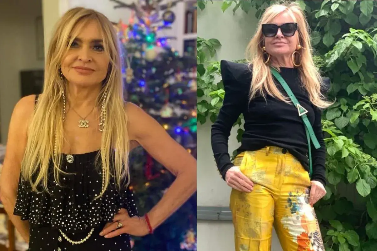 Monika Olejnik w dwóch stylizacjach. Po lewej w czarnej sukience i perłach, po prawej w żółtych spodniach i czarnej bluzce z poduszkami na ramionach.