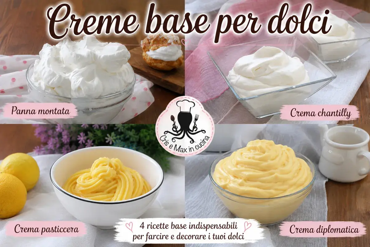 Immagine mostra come si fa la crema chantilly, panna montata, crema pasticcera e crema diplomatica, 4 basi per dolci.