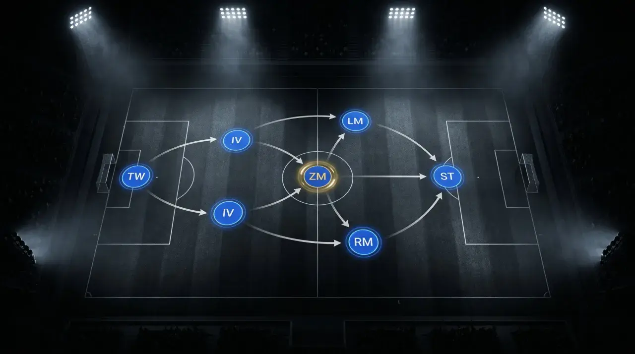 Fußball Formation: TW, IV, ZM, LM, RM, ST. Schematische Darstellung einer Fußballformation auf einem Spielfeld mit leuchtenden Positionen und Pfeilen, die Bewegungen anzeigen.