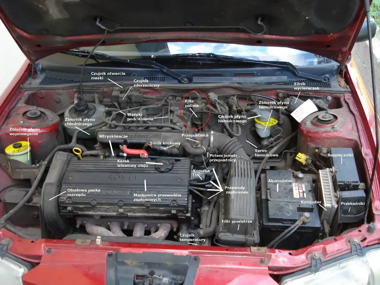 Gdzie jest filtr paliwa Toyota RAV4 2.0 benzyna? Na zdjęciu silnika zaznaczono czerwonym okręgiem filtr paliwa.