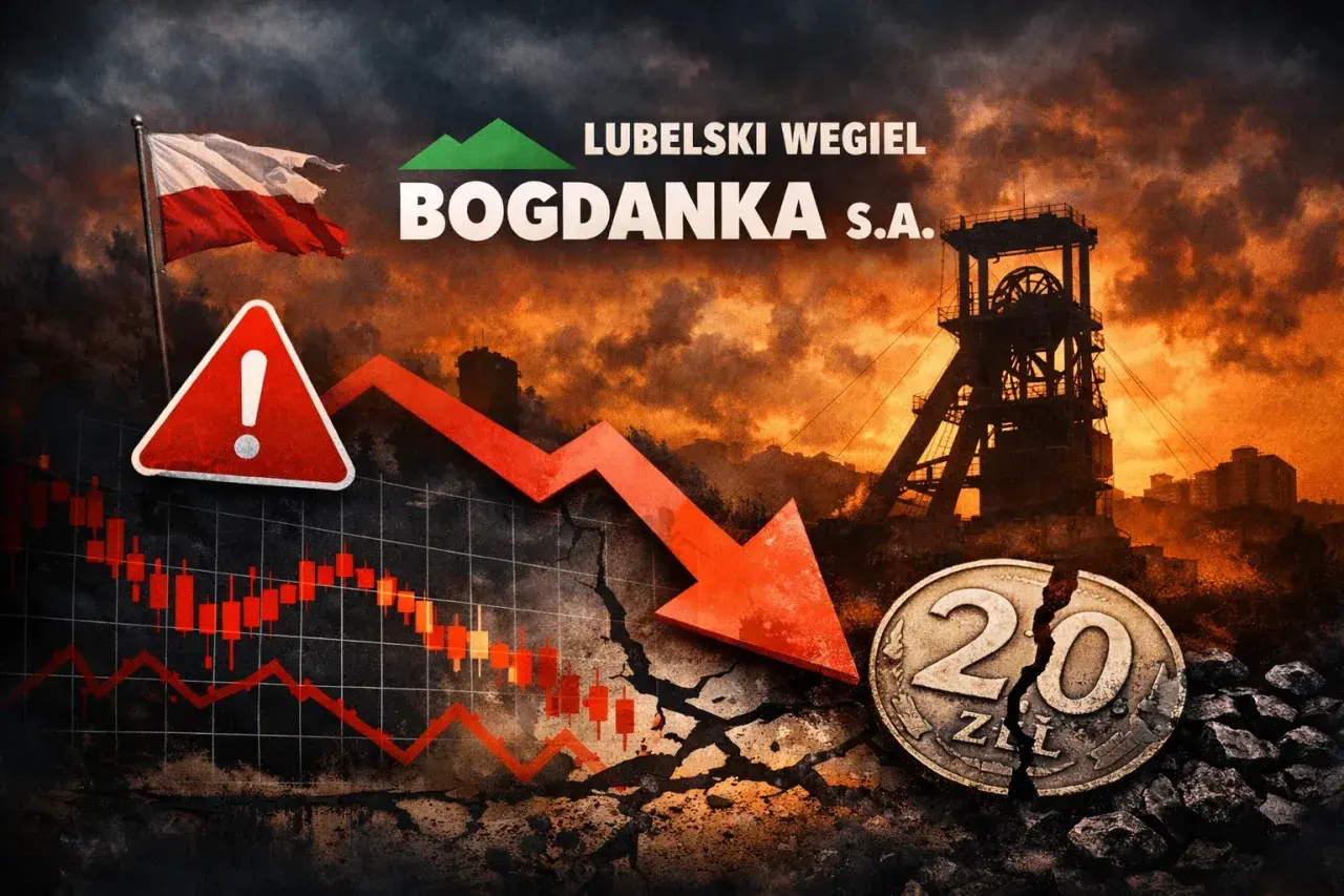 Kurs LWB w dół, złamana moneta 20 zł, ostrzeżenie i flaga Polski na tle kopalni Bogdanka.
