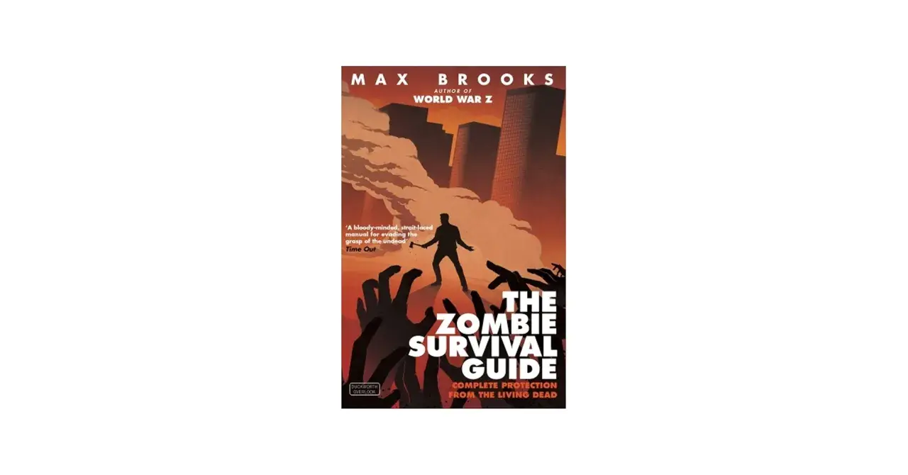 Okładka książki Maxa Brooksa "The Zombie Survival Guide". Człowiek z toporem walczy z hordą zombie. To jedna z tych książek o zombie, które musisz mieć.