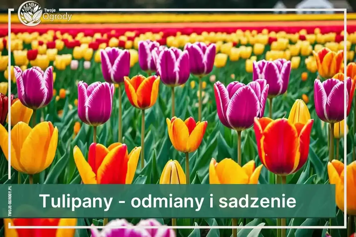 Pole pełne kolorowych tulipanów, w tym fioletowe odmiany z białymi brzegami, żółte i pomarańczowe.