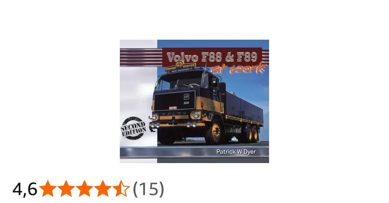 Couverture du livre "Volvo F88 & F89 at work", montrant un camion Volvo F88 bleu et jaune en action.