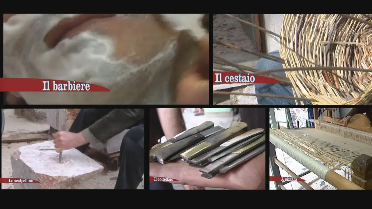 Scene di antichi mestieri siciliani: barbiere, cestai, scalpellino, coltellai e tessitrice.
