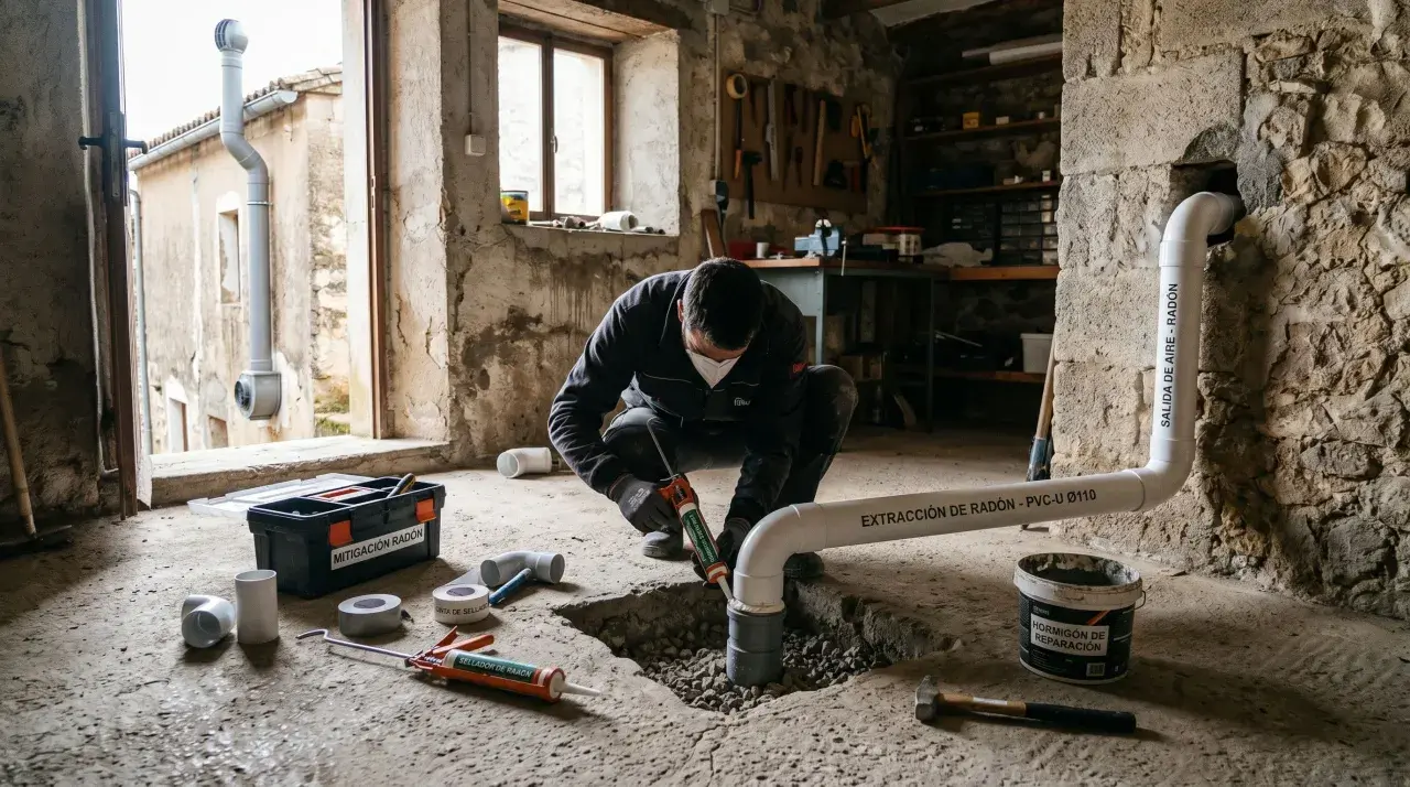Un hombre instala un sistema de extracción de radón en un hogar. La mitigación del radón es crucial para la salud.