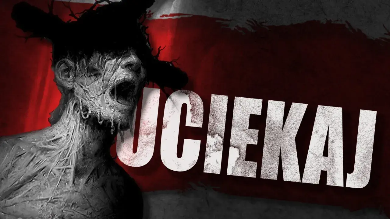 Przerażająca postać z polskiego horroru gry, z wykrzywioną twarzą i napisem "UCIEKAJ".