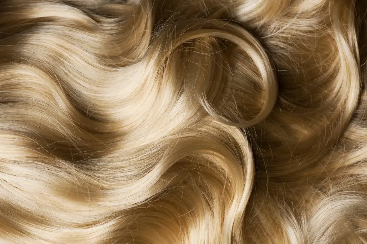 Ondas doradas y rubias de pelo sedoso, con reflejos de luz que resaltan su brillo y suavidad.