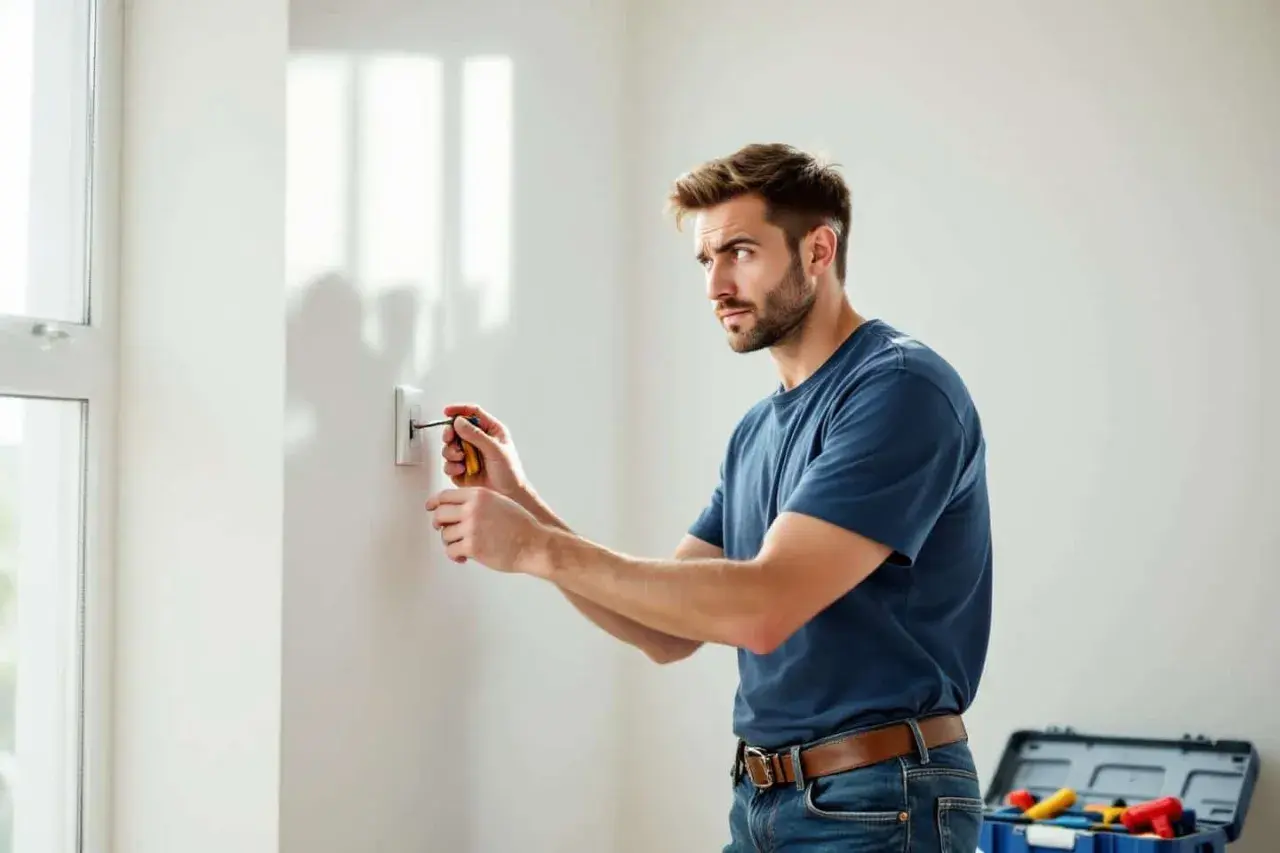 Un homme effectue un branchement d'interrupteur avec voyant. Un tournevis est utilisé pour fixer l'appareil au mur.