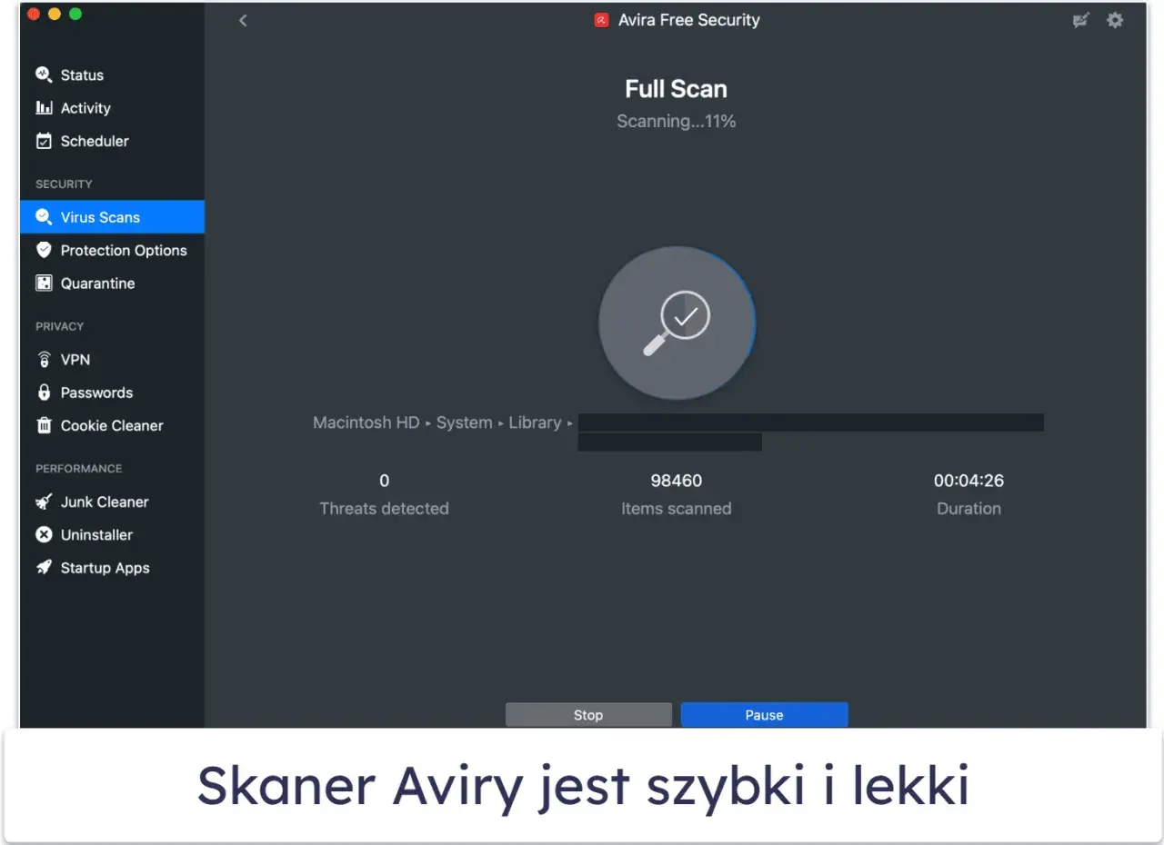 Skanowanie komputera programem antywirusowym Avira Free Security. Pełne skanowanie trwa, wykryto 0 zagrożeń.