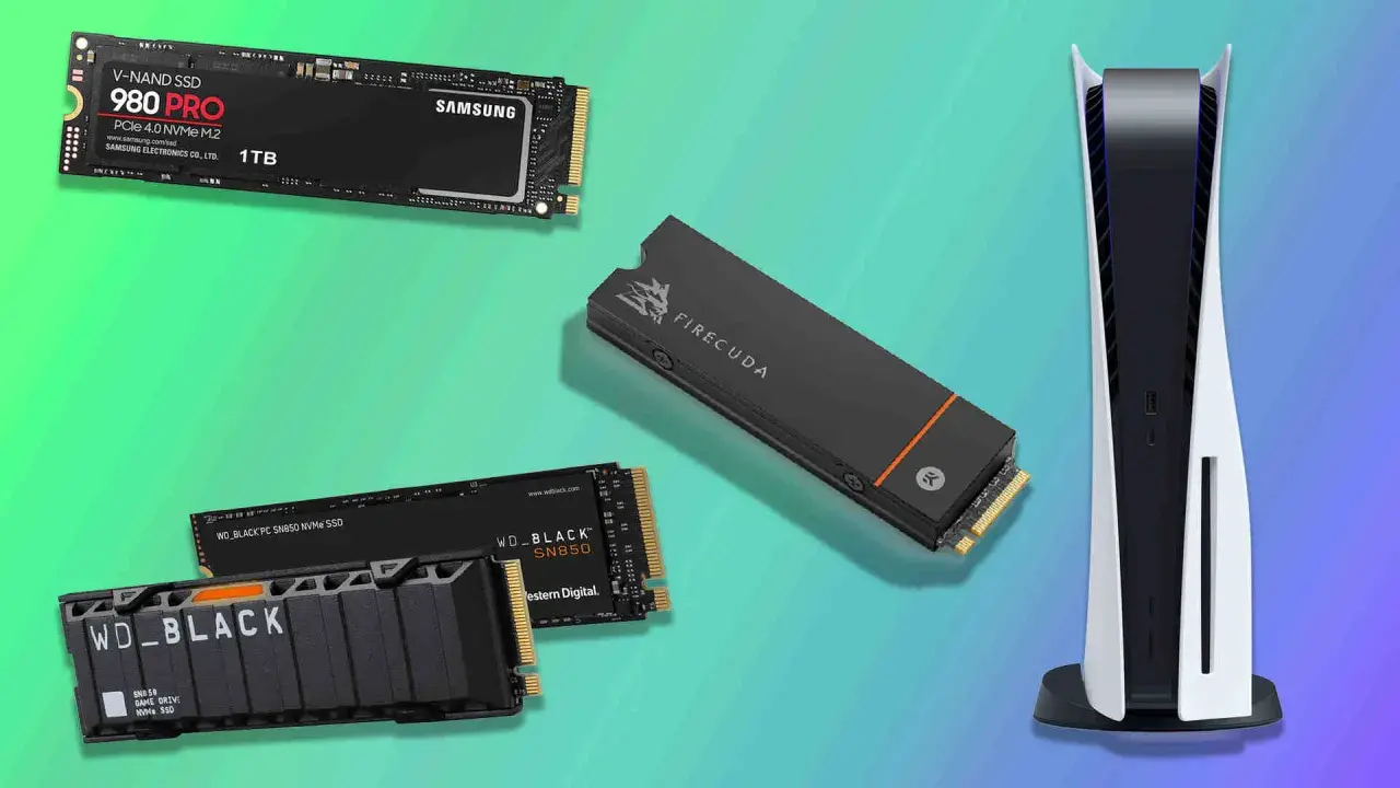 Disque dur SSD M.2 NVMe, comme le Samsung 980 PRO et le WD_BLACK SN850, à côté d'une console PS5.