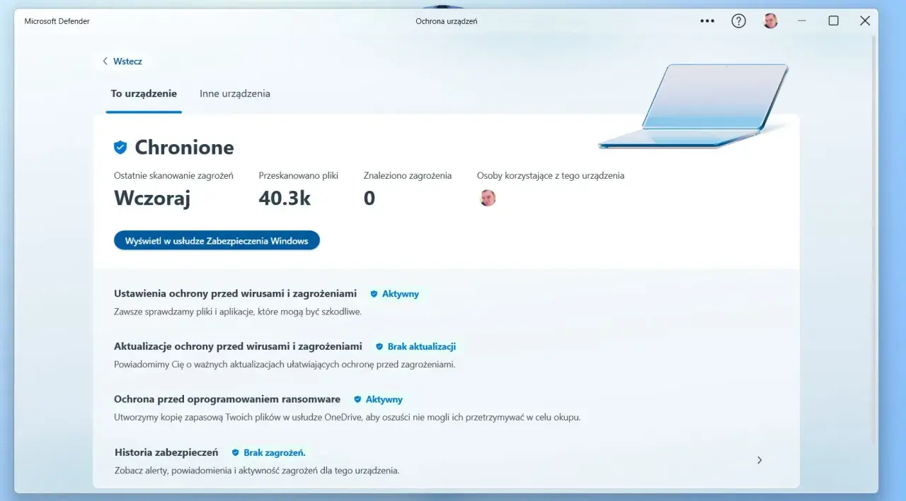 Darmowy antywirus Windows 11: Microsoft Defender chroni Twoje urządzenie, skanując 40.3k plików wczoraj bez żadnych zagrożeń.