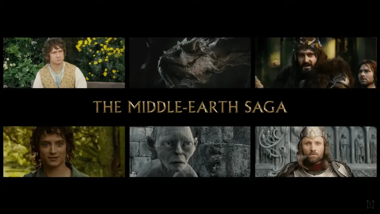 Kolaż postaci z "Władcy Pierścieni": hobbit, smok, krasnolud, Frodo, Gollum, Aragorn.