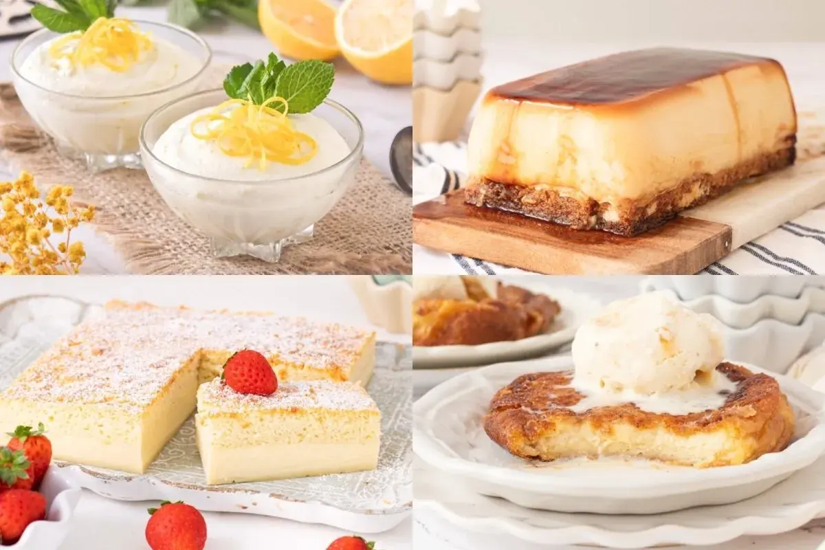 Deliciosos postres caseros: mousse de limón, flan, bizcocho esponjoso y torrijas con helado. ¡Un festín para los sentidos!