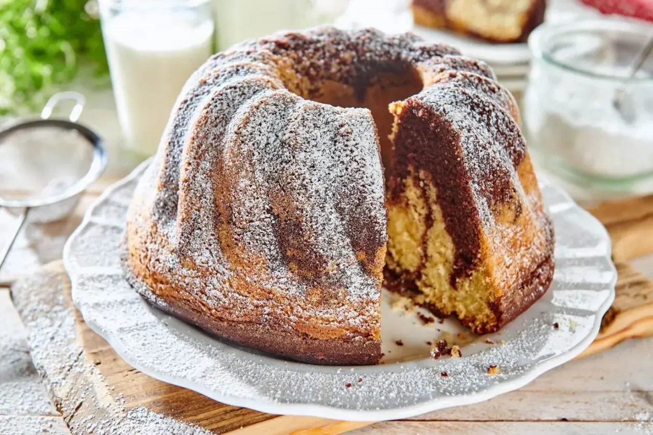 Puszysta babka na oleju z polewą z cukru pudru, z kawałkiem odciętym, by pokazać jej marmurkowe wnętrze.