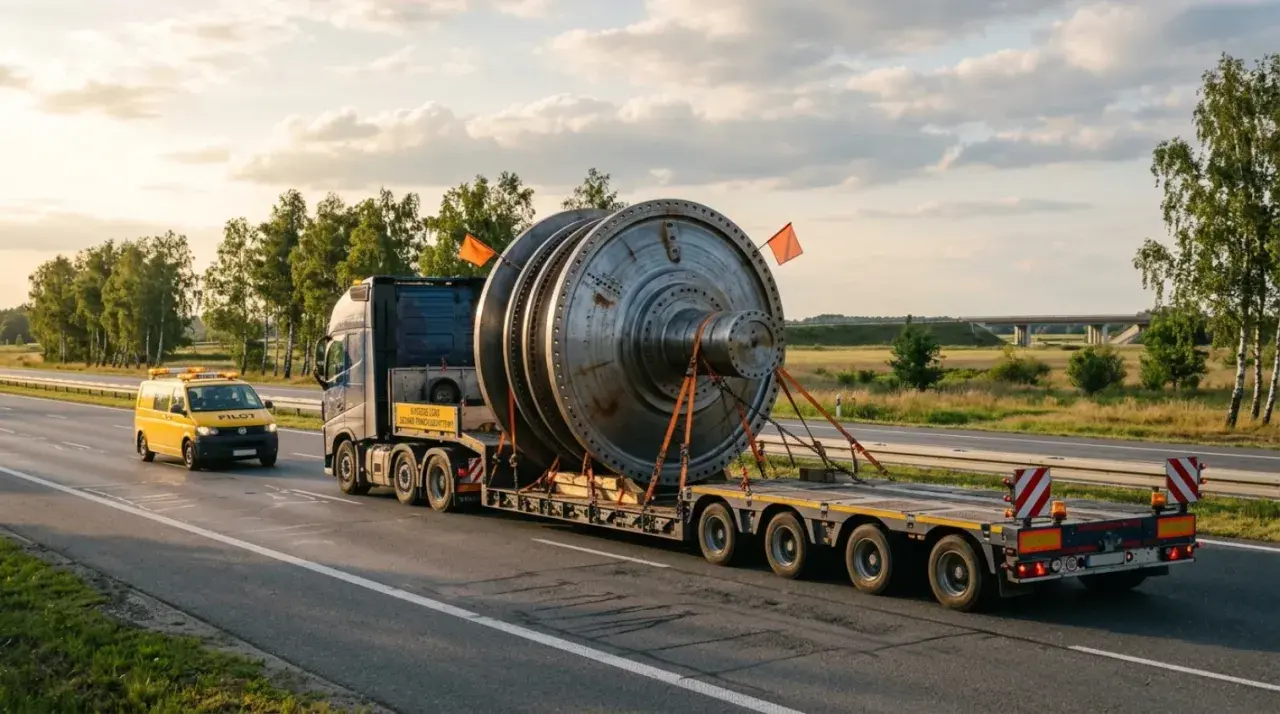 Przewożąc ładunek gabarytowy, ciężarówka z ogromnym elementem turbiny jedzie autostradą, a przed nią jedzie żółty pojazd pilotujący.