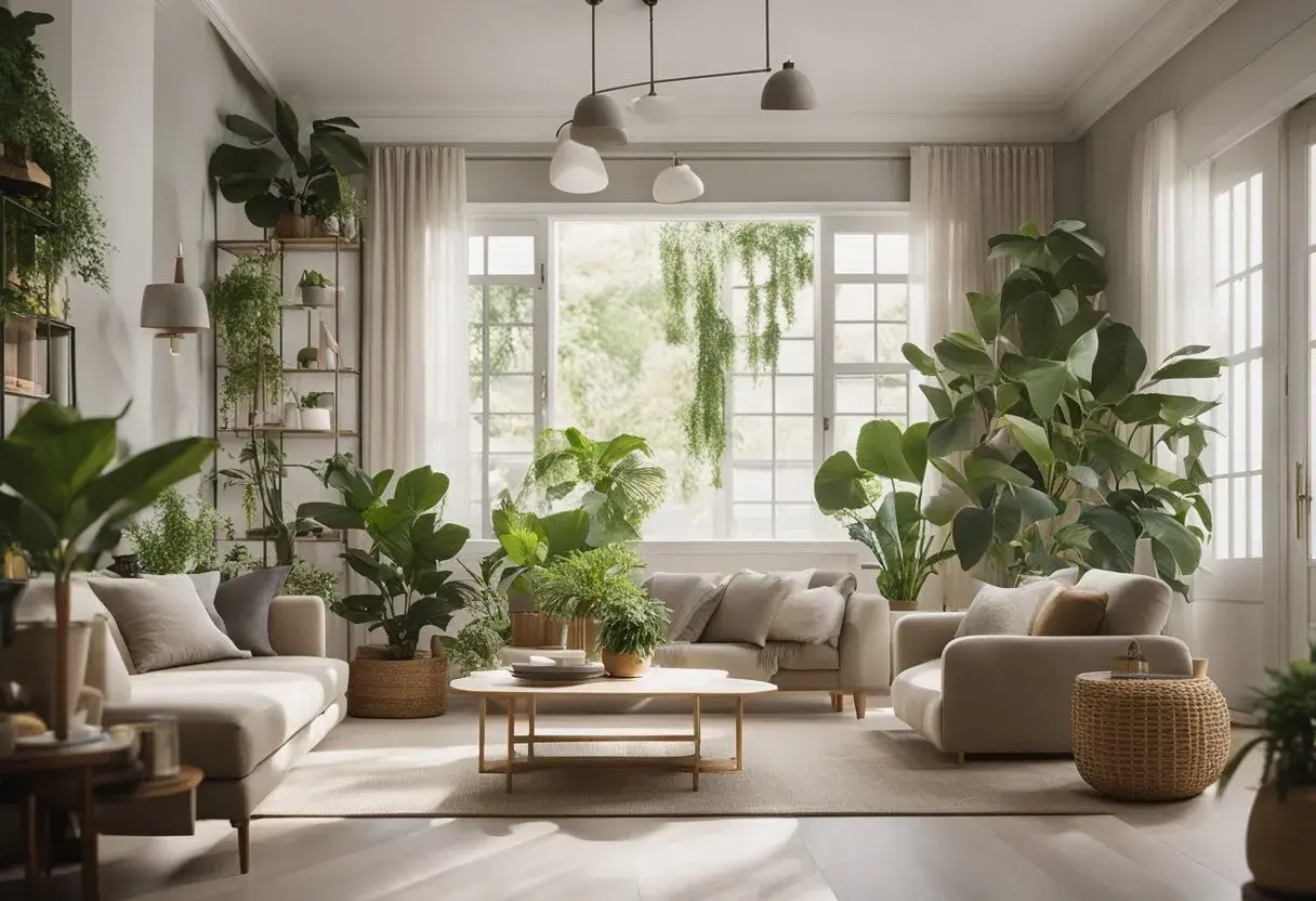 Un salon baigné de lumière naturelle, avec de nombreuses plantes vertes créant une ambiance zen et un feng shui harmonieux.