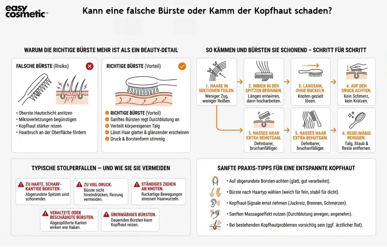 Sanftes Bürsten regt die Durchblutung an und verteilt Talg. Vermeide zu harte Borsten, um die Kopfhaut zu schonen und kein Shampoo zu benutzen.