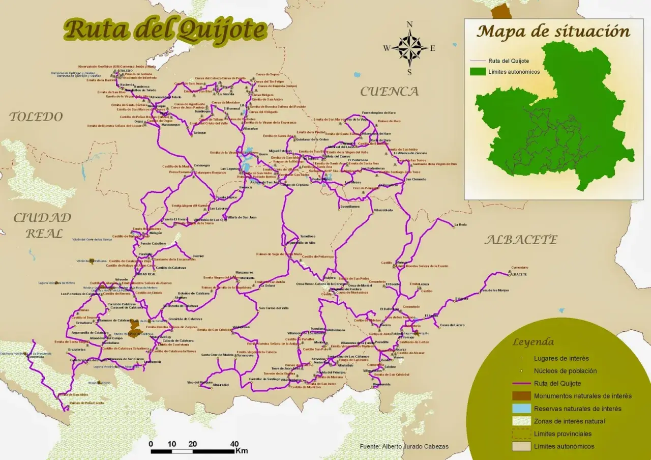 Mapa de la ruta del Quijote, con pueblos, castillos y monumentos. Incluye un recuadro de situación.