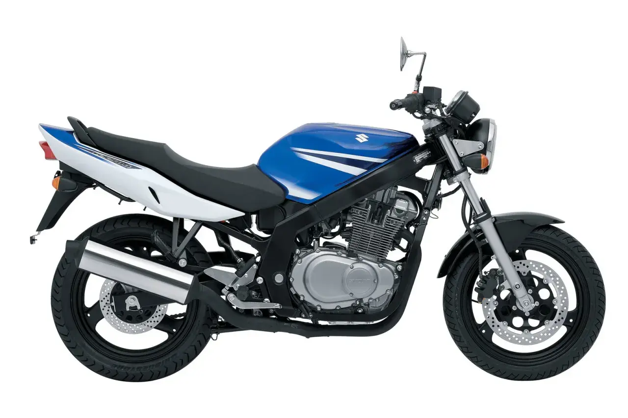 Suzuki GS 500 ficha técnica: moto deportiva azul y blanca, con motor bicilíndrico expuesto y escape cromado.