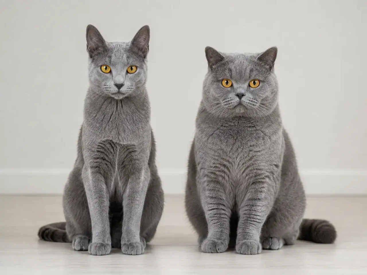 Zwei graue Katzen mit bernsteinfarbenen Augen sitzen nebeneinander. Die linke ist schlanker, die rechte ist rundlicher.
