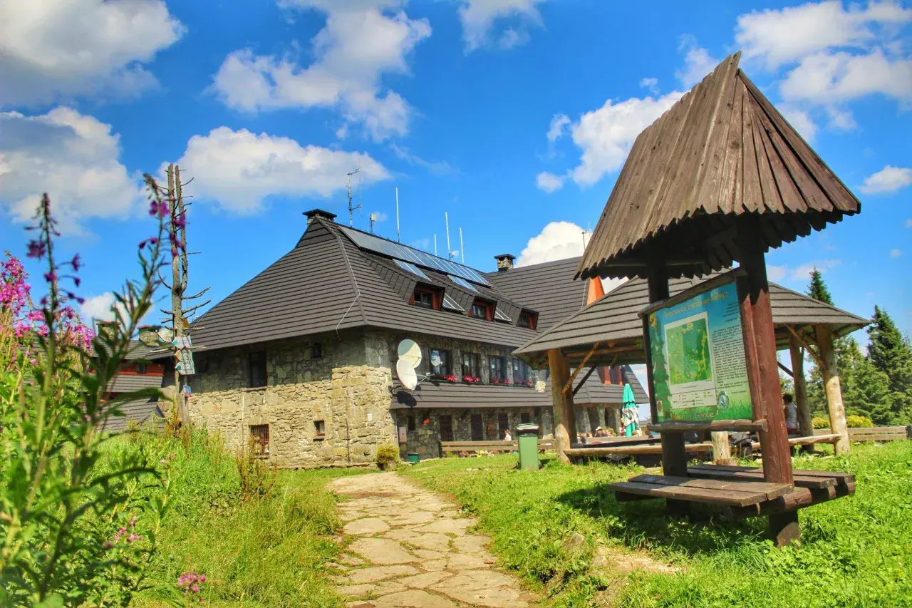 Kamienny schronisko na Turbaczu z dzieckiem w tle, otoczone zielenią i kwitnącymi kwiatami.