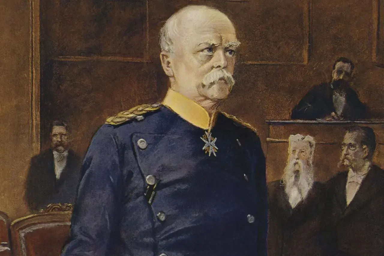 Porträt von Otto von Bismarck, jung, in Uniform mit Orden. Im Hintergrund Männer in Anzügen.
